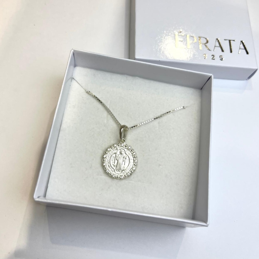 Gargantilha veneziana 1,2 mm 45 cm com pingente medalha sao bento 1,5 cm cravejada prata 925