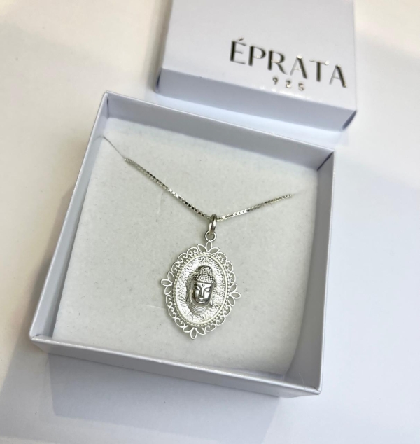 Gargantilha veneziana fio 1,2 mm 45 cm com medalha 3 d buda 3 cm prata 925
