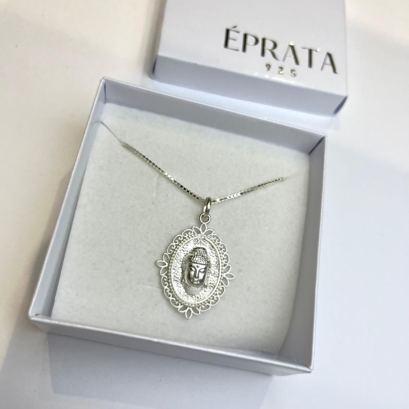Gargantilha veneziana fio 1,2 mm 45 cm com medalha 3 d buda 3 cm prata 925