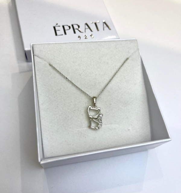 Gargantilha elo portugues 45 cm e pingente gato vazado com zirconia  prata 925