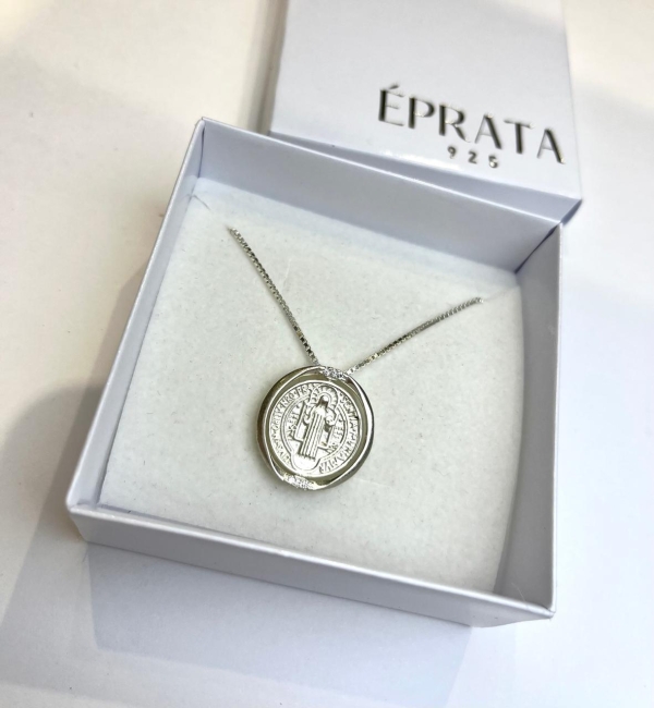 Gargantilha veneziana 45 cm 1,2mm e pingente medalha 2 cm giratoria sao bento com detalhes em zirconia prata 925 - Imagem 2