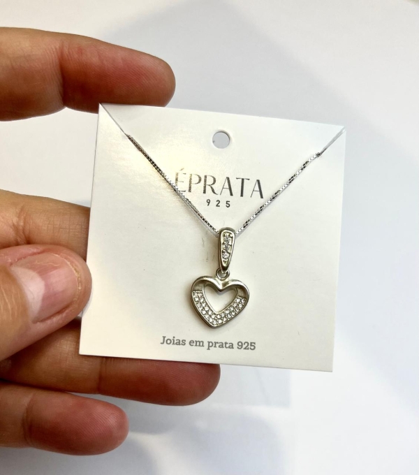 Gargantilha veneziana 45 cm com pingente coração luxo cravejada prata 925