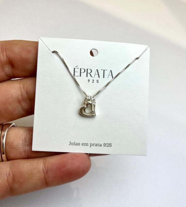 Gargantilha veneziana 40 cm com pingente coraçao cravejada de zirconia prata 925