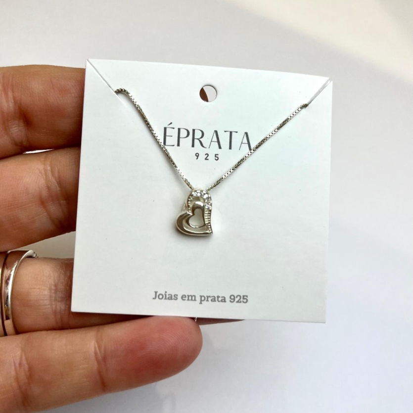 Gargantilha veneziana 40 cm com pingente coraçao cravejada de zirconia prata 925