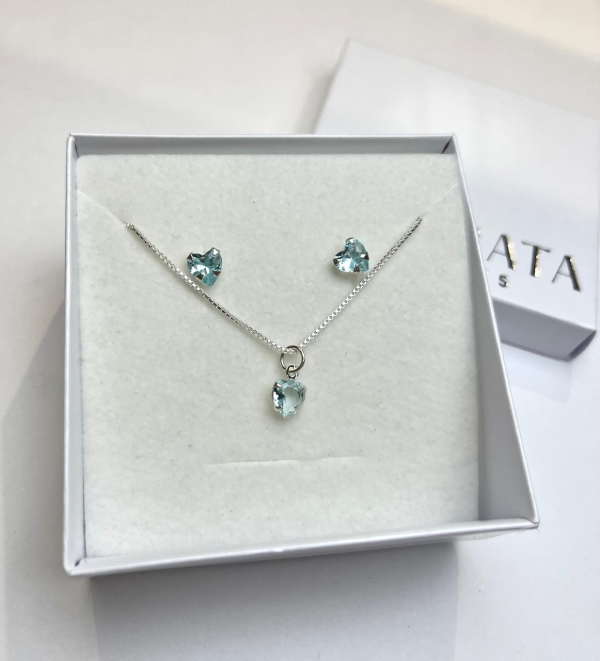 Conjunto zirconia coração azul ceu com corrente de 45 cm prata 925