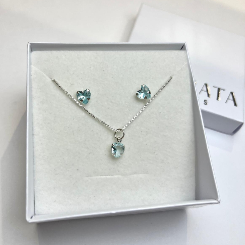 Conjunto zirconia coração azul ceu com corrente de 45 cm prata 925