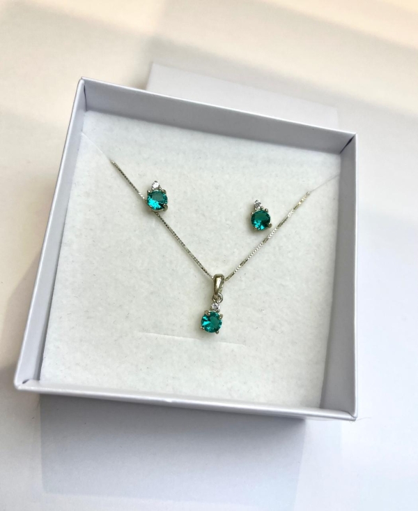 Conjunto circulo zirconia verde turmalina e corrente veneziana 45 cm prata 925