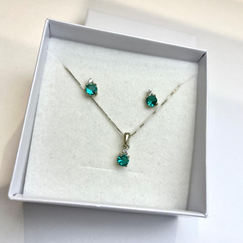 Conjunto circulo zirconia verde turmalina e corrente veneziana 45 cm prata 925