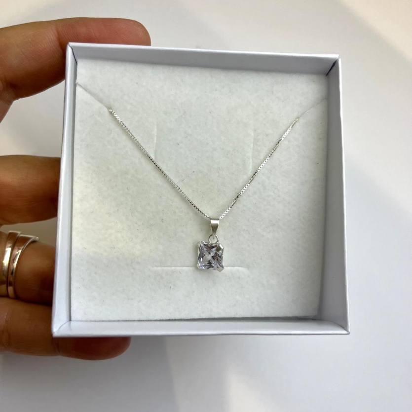 Gargantilha ponto de luz quadrado 7 mm zirconia cristal corrente veneziana 45 cm prata 925