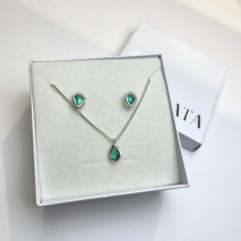Conjunto gota verde turquesa com zirconia embutida e corrente veneziana 45 cm prata 925