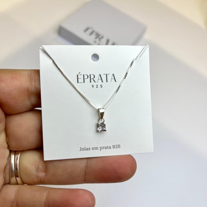 Gargantilha ponto de luz zirconia quadrada 4,5mm corrente veneziana 45 cm prata 925