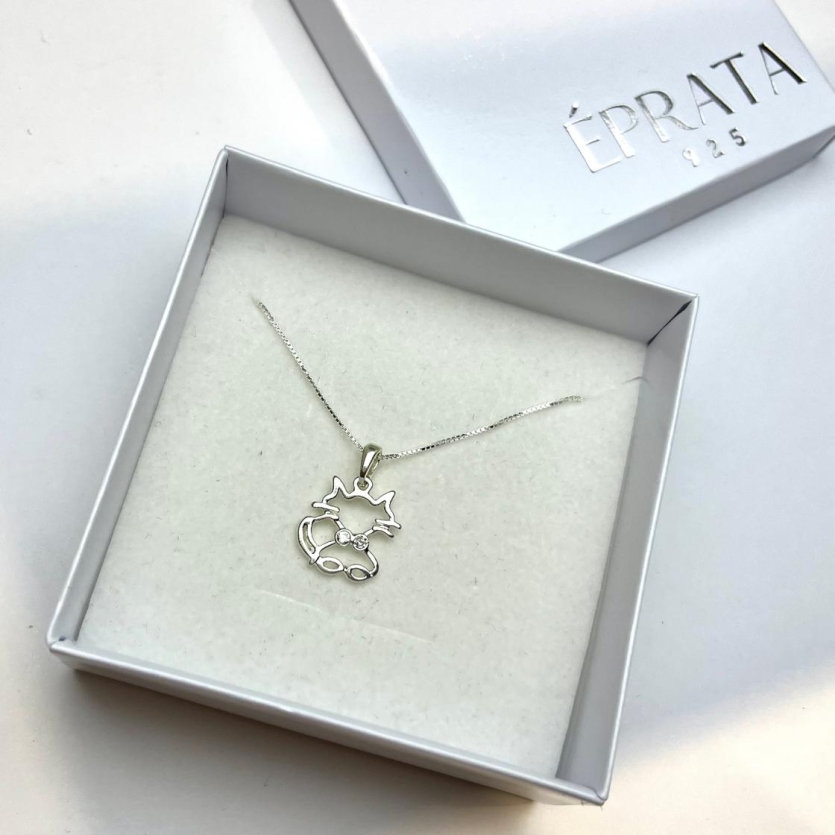 Gargantilha gato 45 cm com detalhe em zirconia com 1,5 cm prata 925