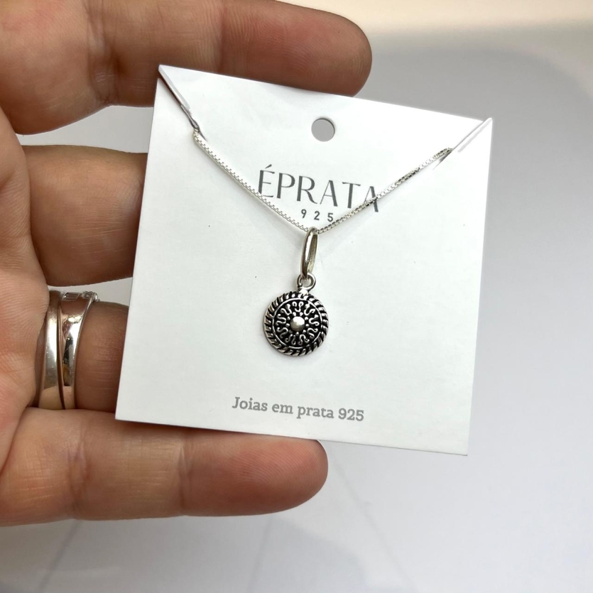 Gargantilha veneziana 45 cm com pingente mandala detalhes envelhecido 10 mm prata 925