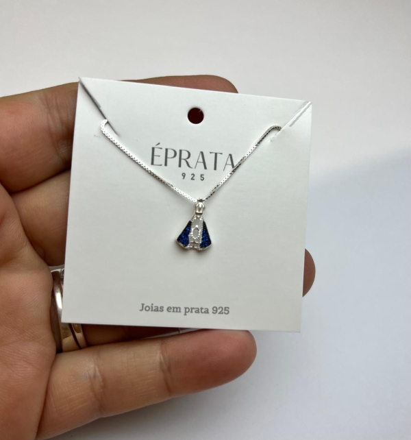 Gargantilha veneziana 40 cm com pingente nossa senhora 12 mm manto azul prata 925