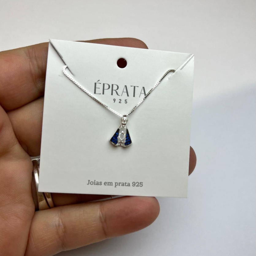Gargantilha veneziana 40 cm com pingente nossa senhora 12 mm manto azul prata 925