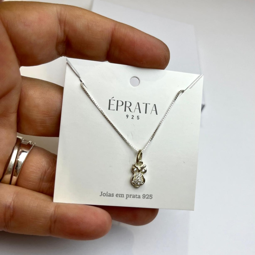 Gargantilha veneziana 45 cm com pingente coruja mini 10 mm cravejada prata 925