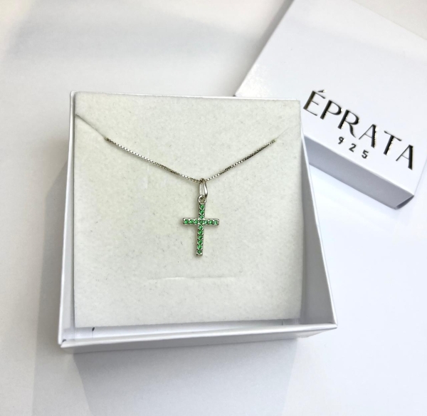 Gargantilha veneziana 45 cm fio 0,9 mais pingente cruz cravejada zirconia verde prata 925