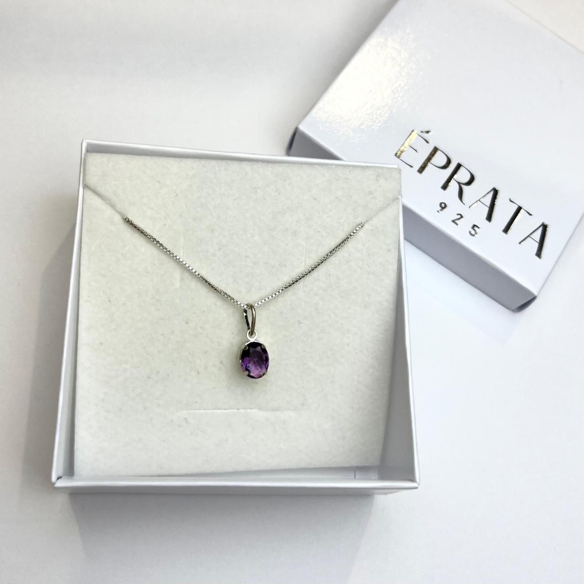 Gargantilha veneziana 45 cm fio 1mm e pingente oval zirconia ametista caixa alta em prata 925