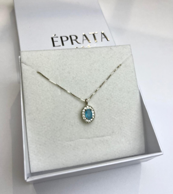 Gargantilha veneziana 40cm + extensor 5 cm com pingente oval cravejado com pedra central azul prata 925