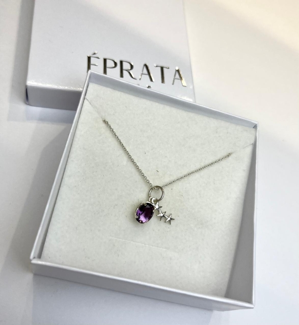 Corrente elo portugues  45 cm e pingente duplo estrelas e zirconia ametista caixa alta prata 925