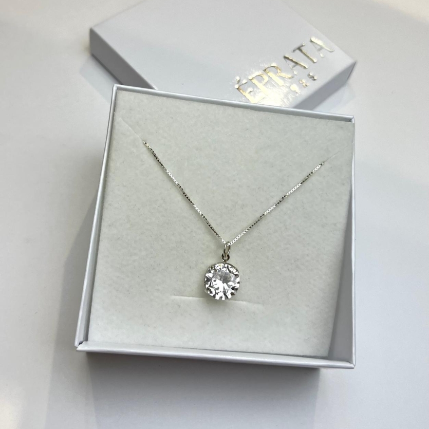 Gargantilha veneziana 4o cm e pingente ponto de luz 10mm zirconia prata 925