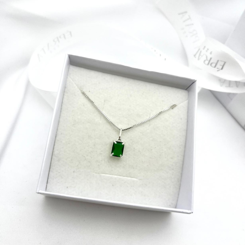 Gargantilha Prata 925 Veneziana com Pingente Verde Esmeralda – 45 cm