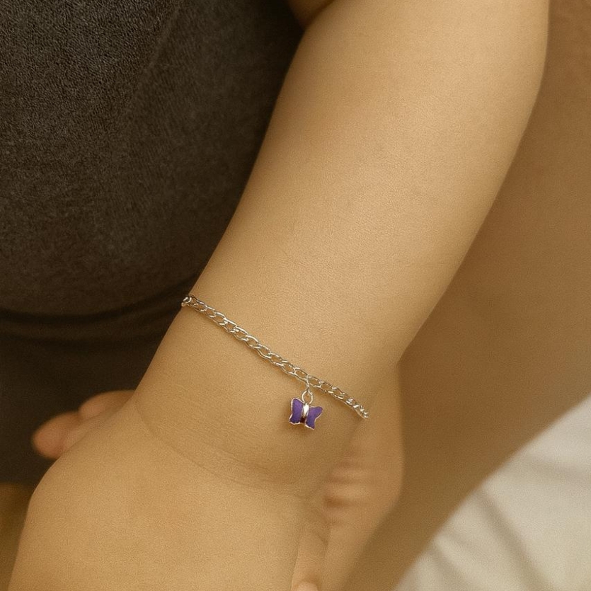 Pulseira elo grumet com 1 borboleta lilas infantil prata 925