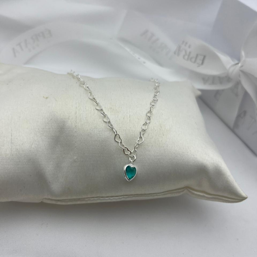 Pulseira Elo Coração com Pingente Ponto de Luz Verde – 18 cm – Prata 925