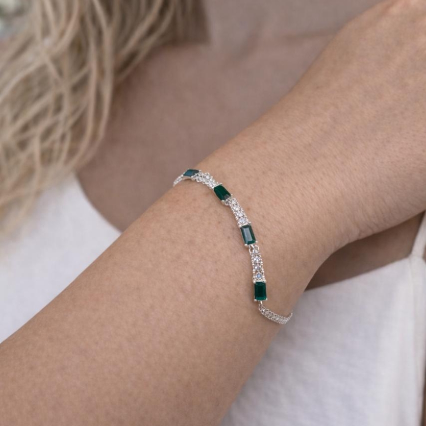PULSEIRA ZIRCONIA VERDE ESMERALDA PRATA COM RODIO