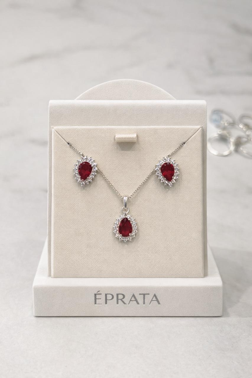 Conjunto Gota Cravejada zirconia rubi 1 cm – Prata 925