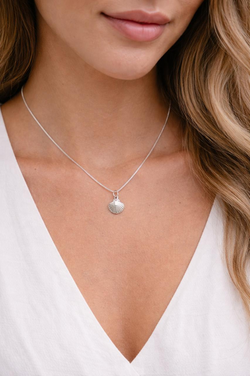 Gargantilha concha 1 cm prata 925 corrente V15 45 cm