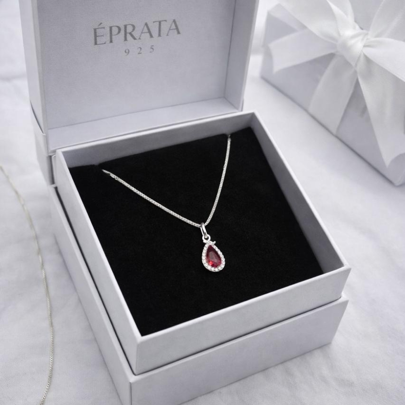 Colar v15 gota 1 cm com zirconia cravejada e pedra central vermelha prata 925