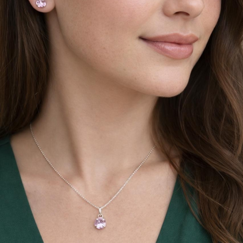 Conjunto Ponto de Luz rosa 5 mm – Brincos e Gargantilha 45 cm Prata 925